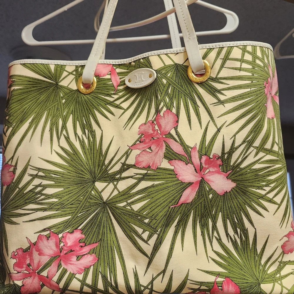 🌺Sale Celine Cabas rare Hibiscus Beach tote in canvas w orchid palm 🌴 leaves